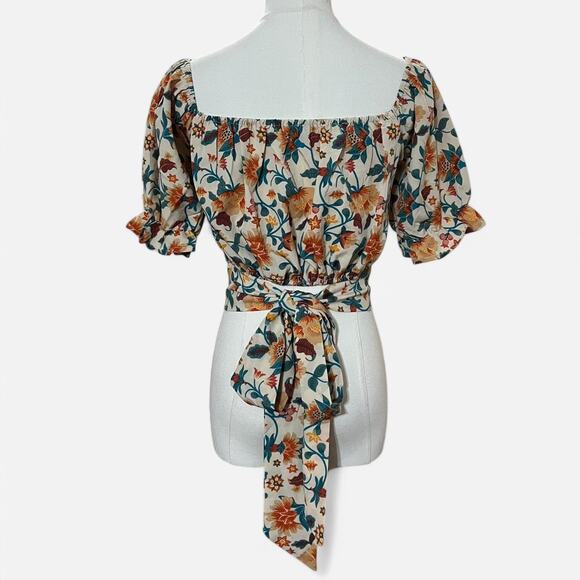 Milk & Honey Ivory, Teal & Orange Boho Floral On or Off the Shoulder Crop Top XS - Picture 5 of 6
